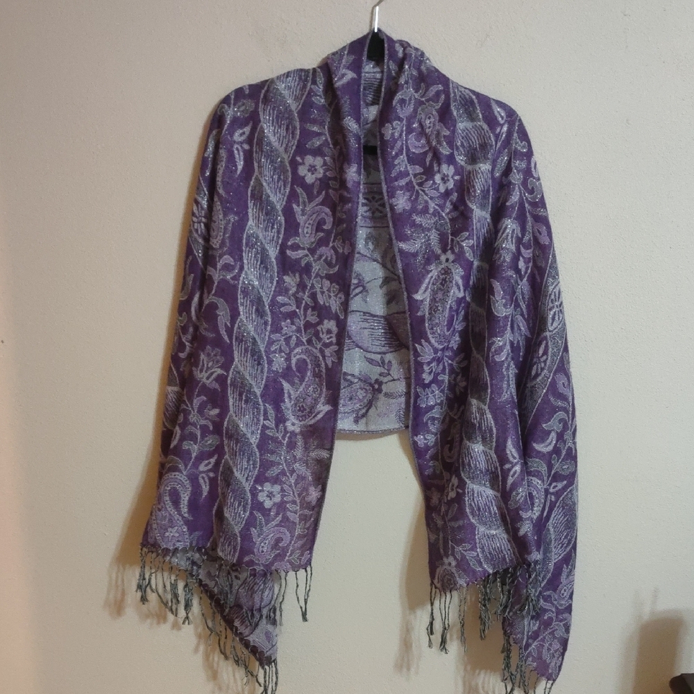 Purple Glittery Floral Patterned Shawl